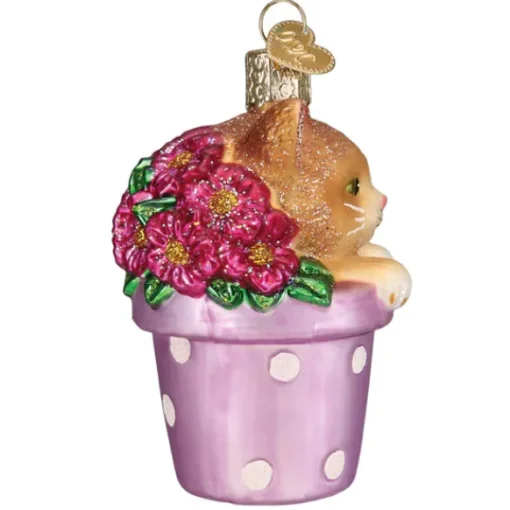 Hot Old World Christmas Kitten In Flower Pot Ornament -