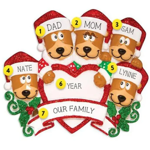 Store PolarX Personalized Brown Bear Family Of 5 With Heart Ornament