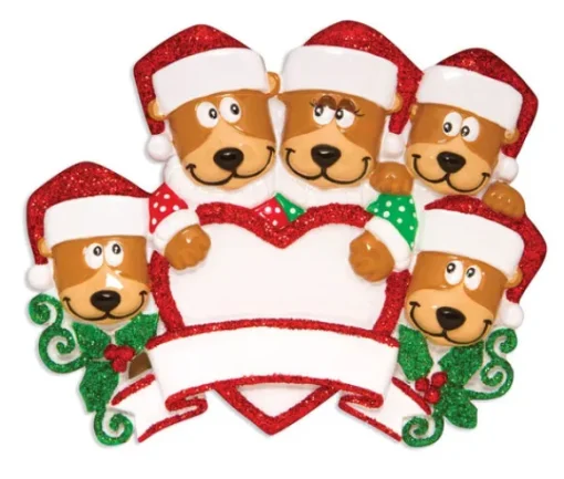 Store PolarX Personalized Brown Bear Family Of 5 With Heart Ornament