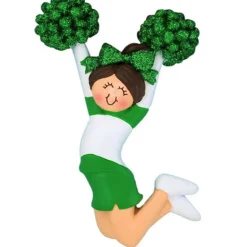 Online Ornament Central Personalized Cheerleader With Green Uniform Ornament - Female, Brown Hair