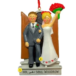Online Personalized Newlyweds Couple Ornament - Male, Brown Hair And Female, Blonde Hair Engaged, Wedding, & Anniversary