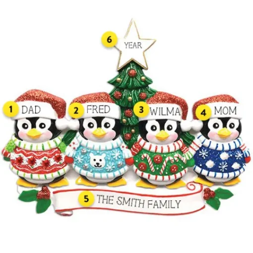Store PolarX Personalized Penguin Family Of 4 Ugly Sweater Ornament