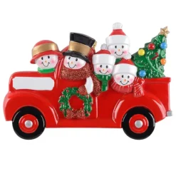 Hot Personalized Red Truck Snowman Family Of 5 Ornament Transportation