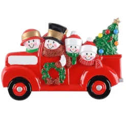 Hot Personalized Red Truck Snowman Family Of 4 Ornament Transportation