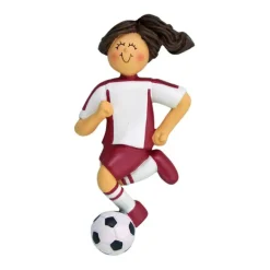 Best Ornament Central Personalized Soccer Ornament - Female, Brown Hair In Red Uniform
